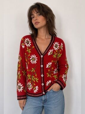 Vintage 90s Red Floral Bee Embroidered Cardigan Cottagecore Statement Knit sz S
